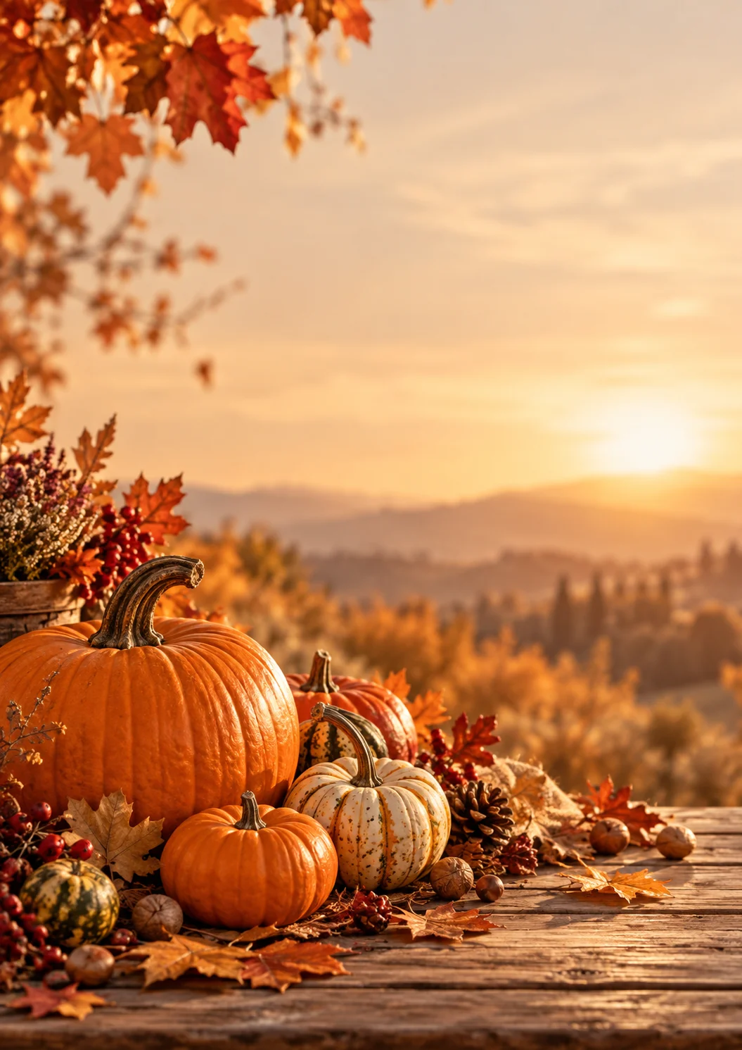 Kürbisse und buntes Herbstlaub im warmen Abendlicht